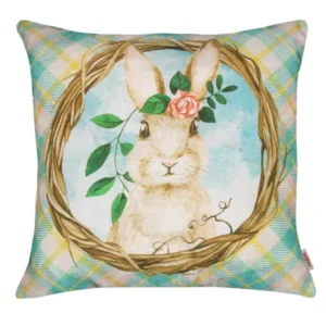 Kissenhülle ca. 40x40 cm romantisches Häschen-Motiv mit Weidenkranz und rosa Blumen im Landhaus-Stil beties "Hase Josefine"