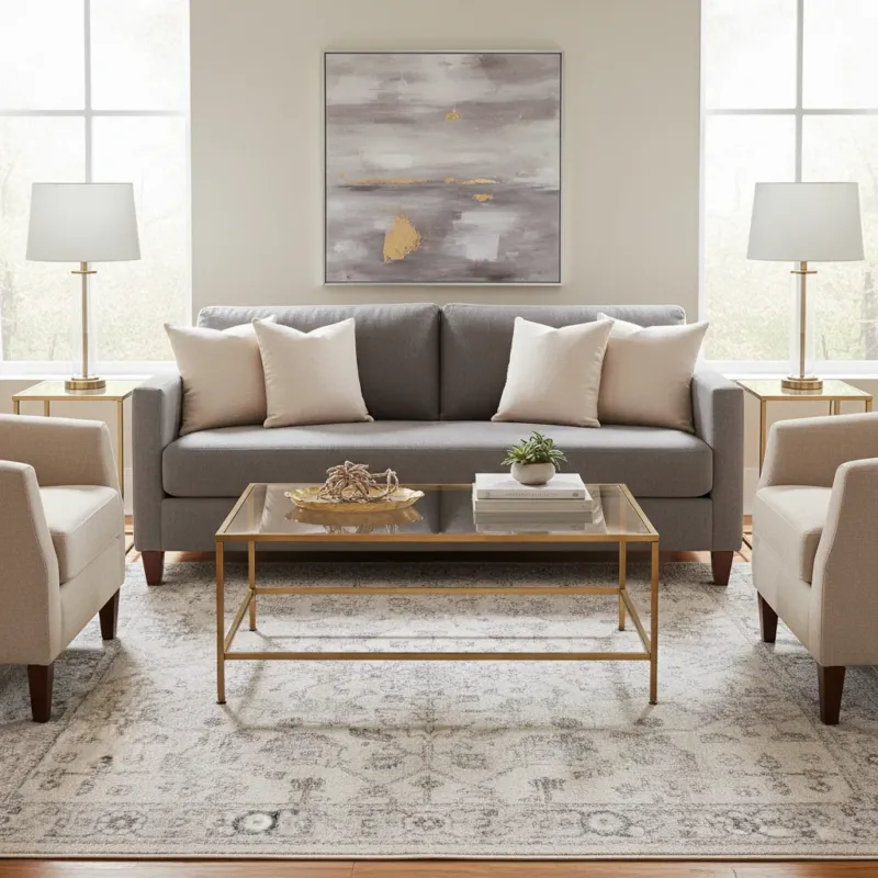 Traditional Persian floral botanical area rug in cream and charcoal grey styled in a family room with a grey sofa and gold coffee table — elegant neutral design