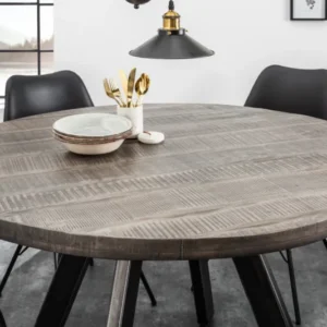 IRON CRAFT Massiver Esstisch 120cm rund grau Mangoholz geflexte Beine