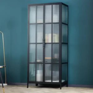 DURA STEEL Industrial Vitrine 180cm schwarz Metall Riffelglas Highboard