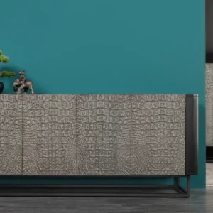 CROCO Handgefertigtes Sideboard 180cm grau schwarz Mangoholz mit 3D Schnitzereien massiv schwarz Metall