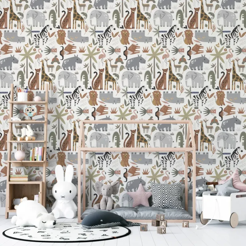 MUNKS & ME - Papier Peint Chambre Enfant à Motif Répété - Safari Tetris