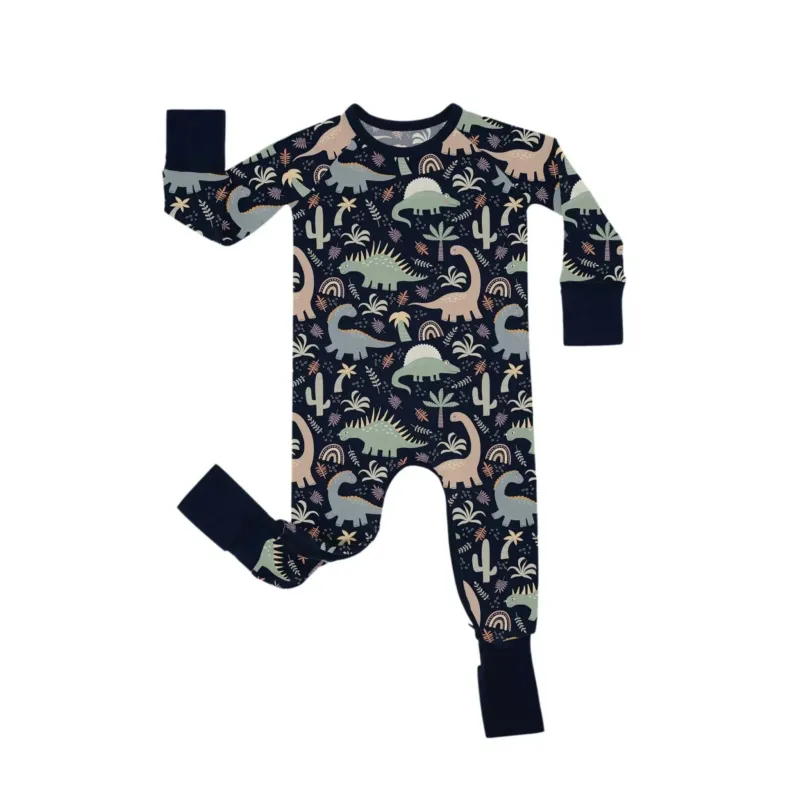 Navy Jurassic Jungle Crescent Zippered Romper , Navy Jurassic Jungle Crescent Zippered Romper - Newborn
