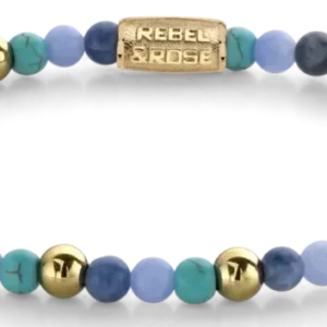 Armband aus blauen Edelsteinperlen mit goldfarbenen Kugeln und Edelstahlverschluss