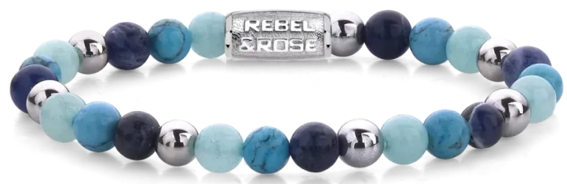 Armband mit türkisfarbenen und blauen Edelsteinperlen, silberfarbenen Zwischenringen und Verschluss