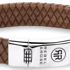 Armband aus geflochtenem braunem Leder mit silbernem Verschluss und Prägung