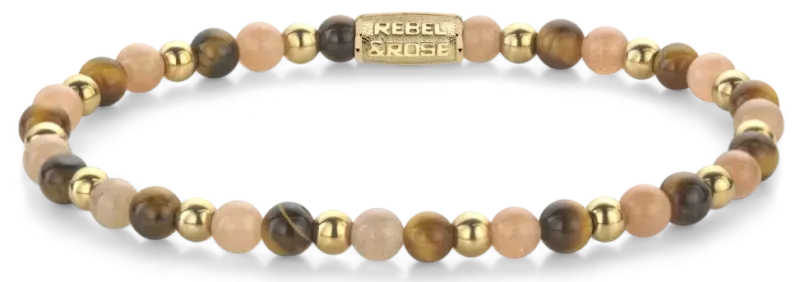 Armband mit runden Steinperlen in Braun-, Gold- und Rosatönen, mit goldfarbener Perlenreihe