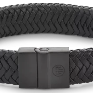 Armband aus geflochtenem schwarzem Leder mit schwarzem Edelstahlverschluss