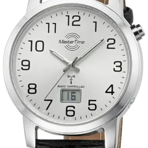 Master Time Herrenuhr mit schwarzem Ziffernblatt, schwarzem Lederarmband und silbernem Gehäuse