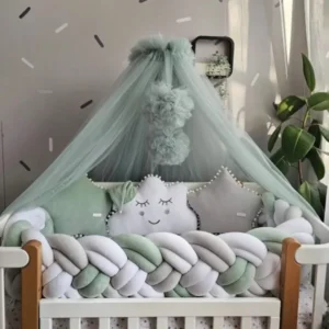 Gender neutral baby bedding set with braided crib bumper green. KARI studio